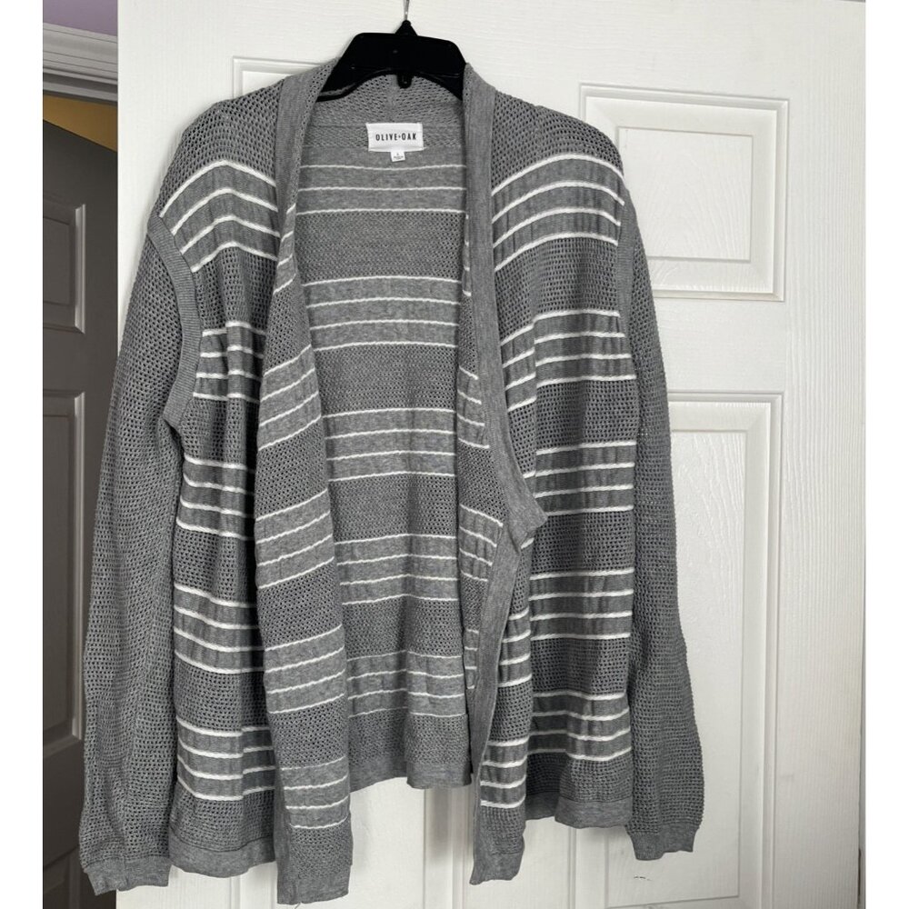 Olive & Oak Gray Sweater Cardigan Open Front Stripe Cotton Large